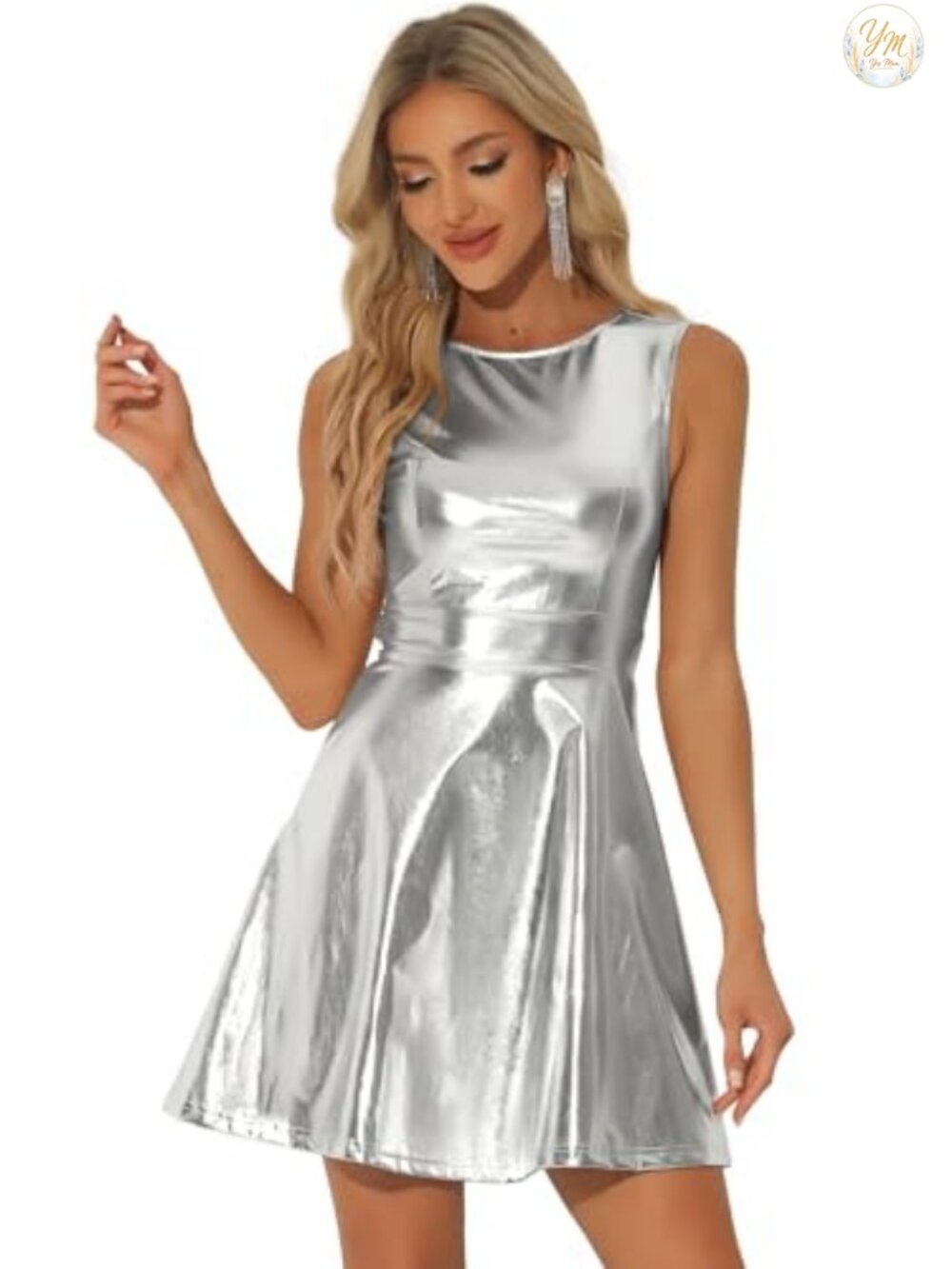 Metallic Sleeveless Fit and Flare Party Dress High Waist